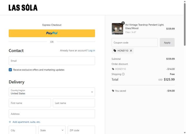 Las Sola checkout page showing Las Sola coupon code box | Screenshot taken by SimplyCodes community member on Aug 6, 2025