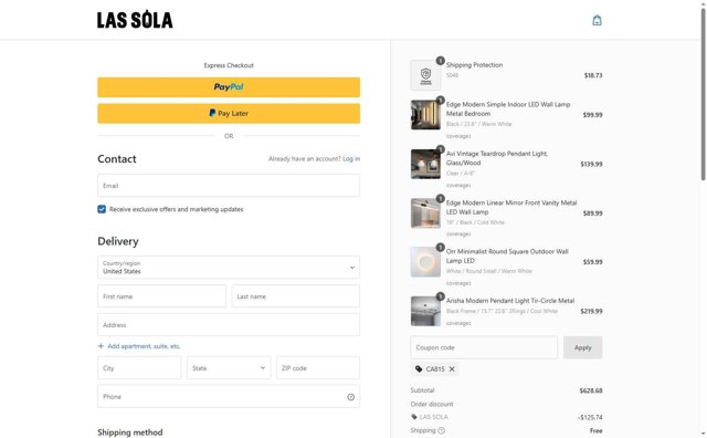 Las Sola checkout page showing Las Sola coupon code box | Screenshot taken by SimplyCodes community member on Aug 21, 2025