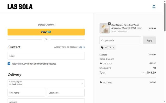 Las Sola checkout page showing Las Sola coupon code box | Screenshot taken by SimplyCodes community member on Jul 28, 2025