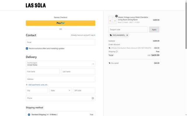 Las Sola checkout page showing Las Sola coupon code box | Screenshot taken by SimplyCodes community member on Aug 9, 2025