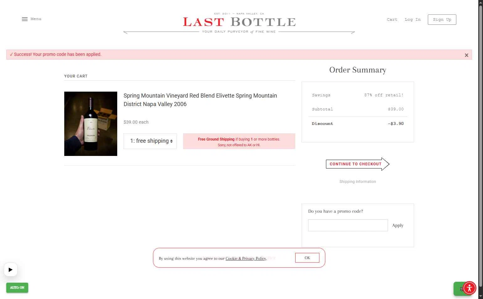 Last Bottle checkout page showing Last Bottle promo code box | Screenshot taken by SimplyCodes community member on Jan 7, 2026