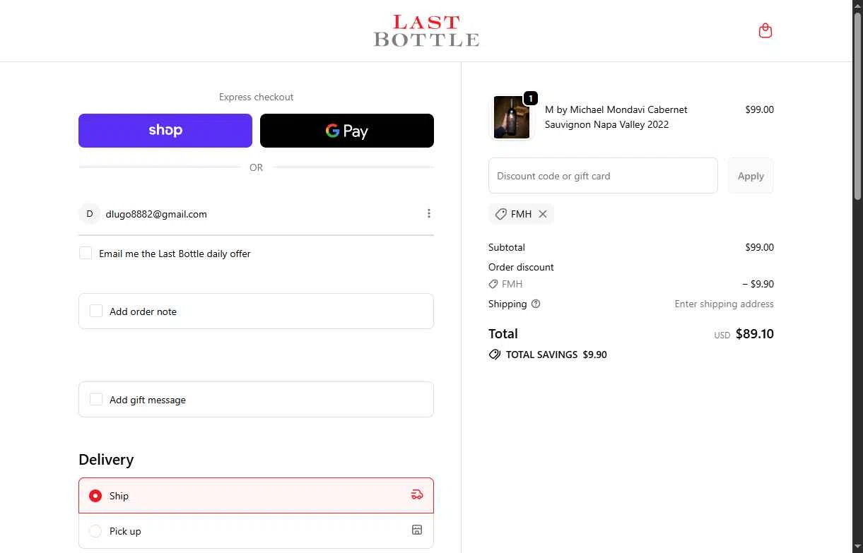 Last Bottle checkout page showing Last Bottle promo code box | Screenshot taken by SimplyCodes community member on Feb 5, 2026