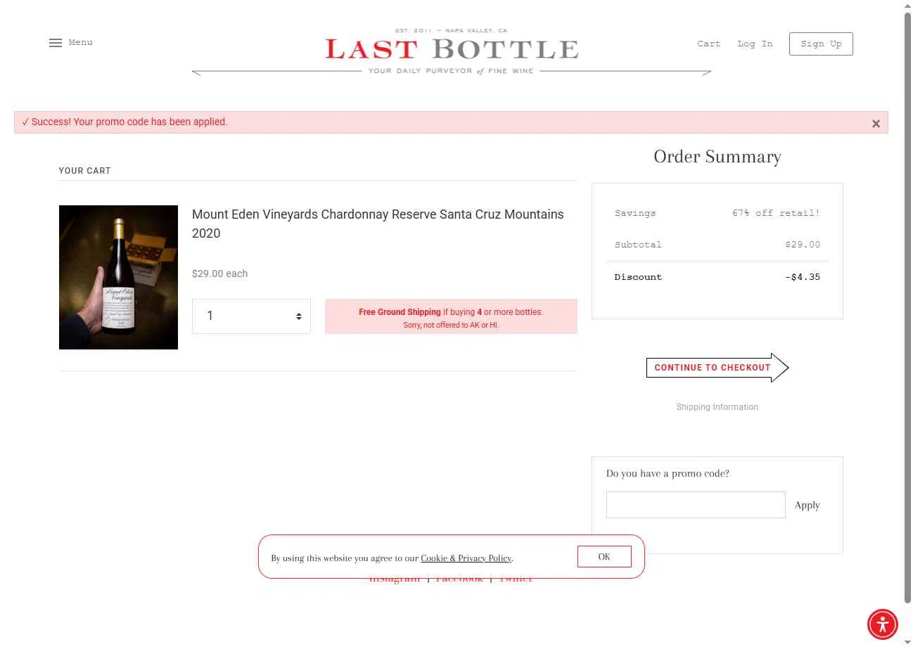 Last Bottle checkout page showing Last Bottle promo code box | Screenshot taken by SimplyCodes community member on Dec 25, 2025