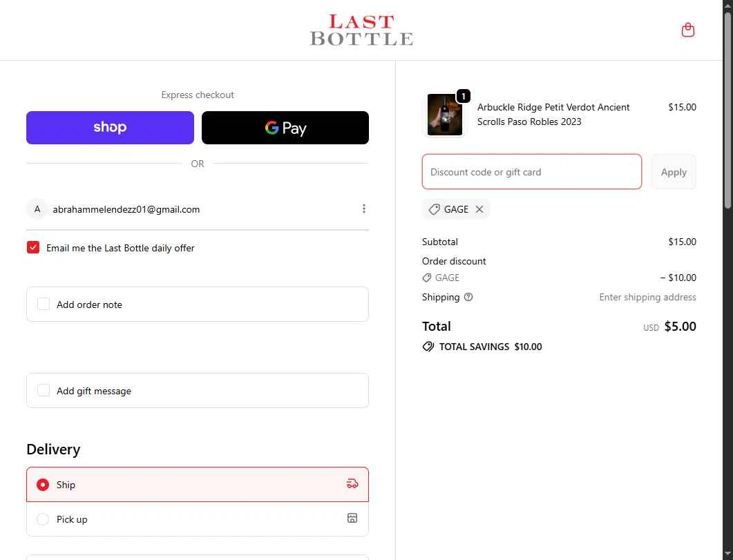 Last Bottle checkout page showing Last Bottle promo code box | Screenshot taken by SimplyCodes community member on Feb 4, 2026