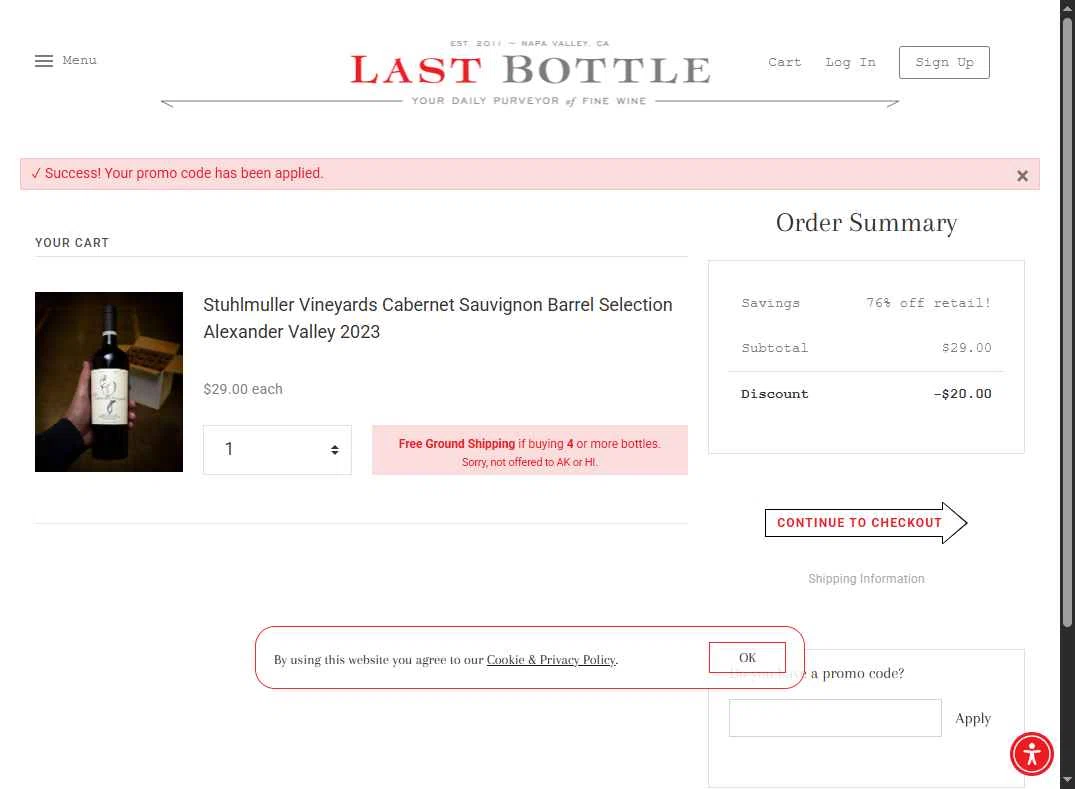 Last Bottle checkout page showing Last Bottle promo code box | Screenshot taken by SimplyCodes community member on Jan 26, 2026