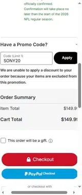 SONY20 coupon verification screenshot