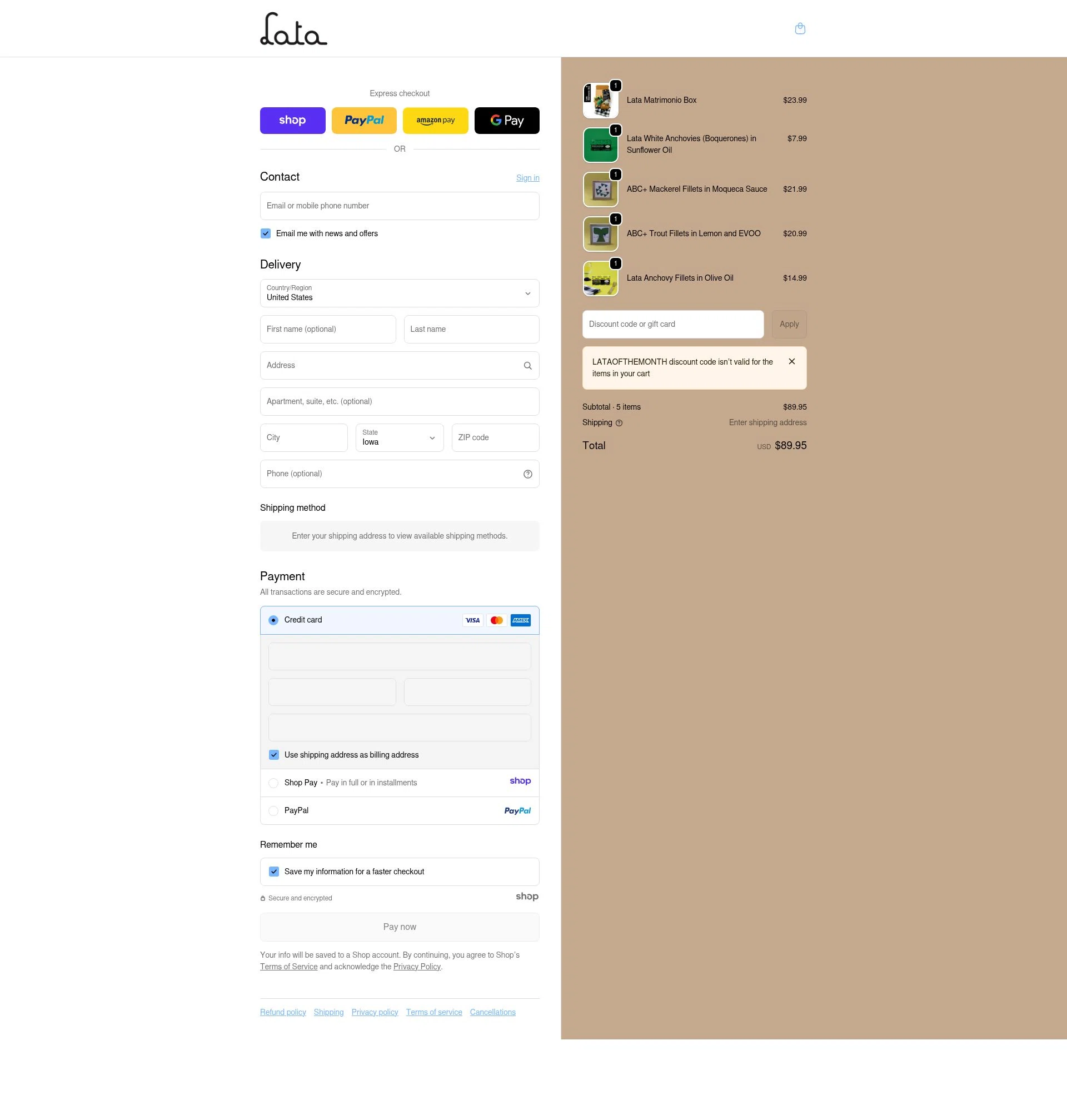 lata.shop checkout page showing lata.shop promo code box | Screenshot taken by SimplyCodes community member on Jan 8, 2026