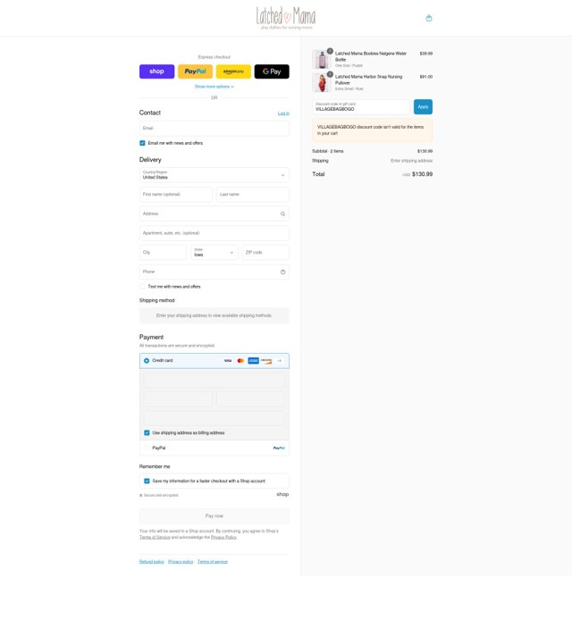 Latched Mama checkout page showing Latched Mama discount code box | Screenshot taken by SimplyCodes community member on Sep 8, 2025