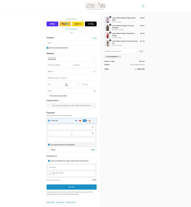 Latched Mama checkout page showing Latched Mama discount code box | Screenshot taken by SimplyCodes community member on Sep 4, 2025