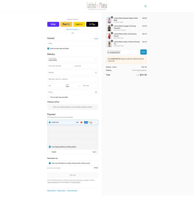 Latched Mama checkout page showing Latched Mama discount code box | Screenshot taken by SimplyCodes community member on Sep 4, 2025