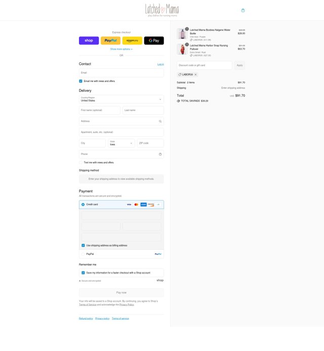 Latched Mama checkout page showing Latched Mama discount code box | Screenshot taken by SimplyCodes community member on Sep 8, 2025