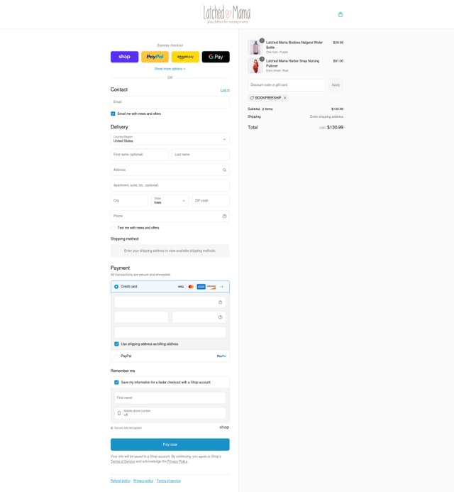 Latched Mama checkout page showing Latched Mama discount code box | Screenshot taken by SimplyCodes community member on Sep 8, 2025