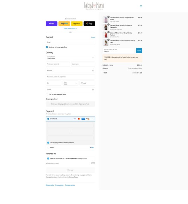 Latched Mama checkout page showing Latched Mama discount code box | Screenshot taken by SimplyCodes community member on Sep 4, 2025