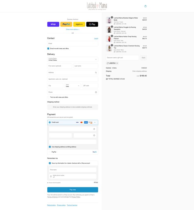Latched Mama checkout page showing Latched Mama discount code box | Screenshot taken by SimplyCodes community member on Aug 31, 2025