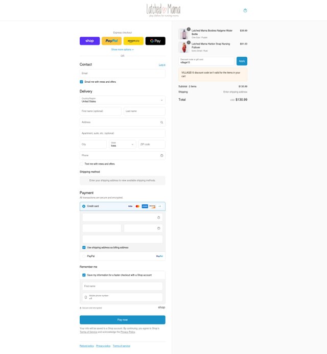 Latched Mama checkout page showing Latched Mama discount code box | Screenshot taken by SimplyCodes community member on Sep 8, 2025