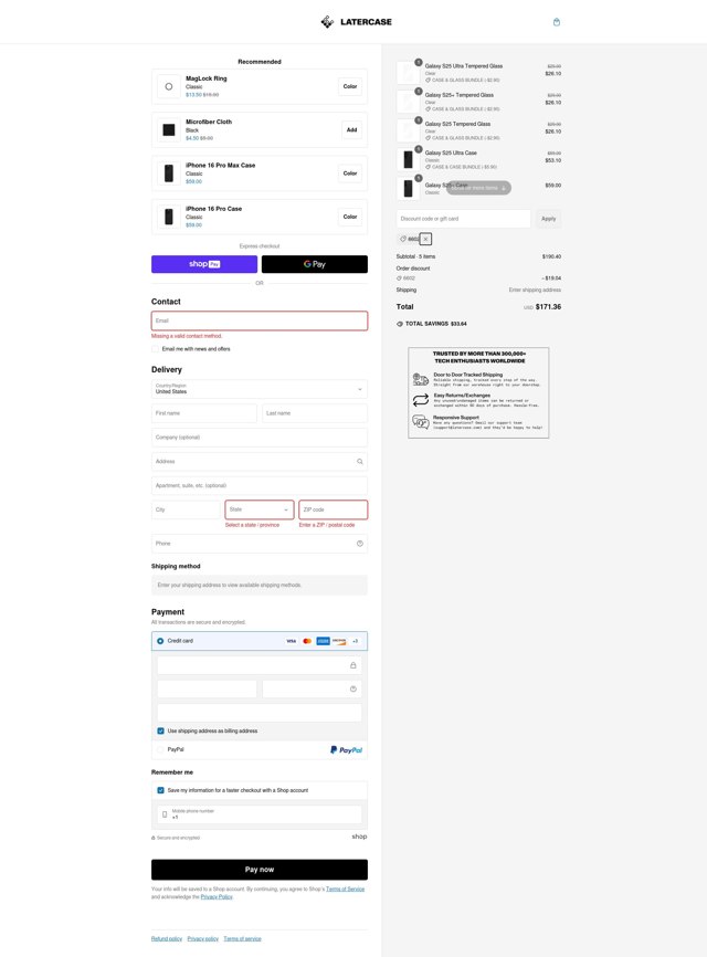 Latercase checkout page showing Latercase discount code box | Screenshot taken by SimplyCodes community member on Feb 18, 2025