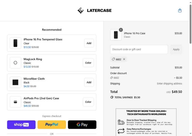 Latercase checkout page showing Latercase discount code box | Screenshot taken by SimplyCodes community member on Aug 22, 2025