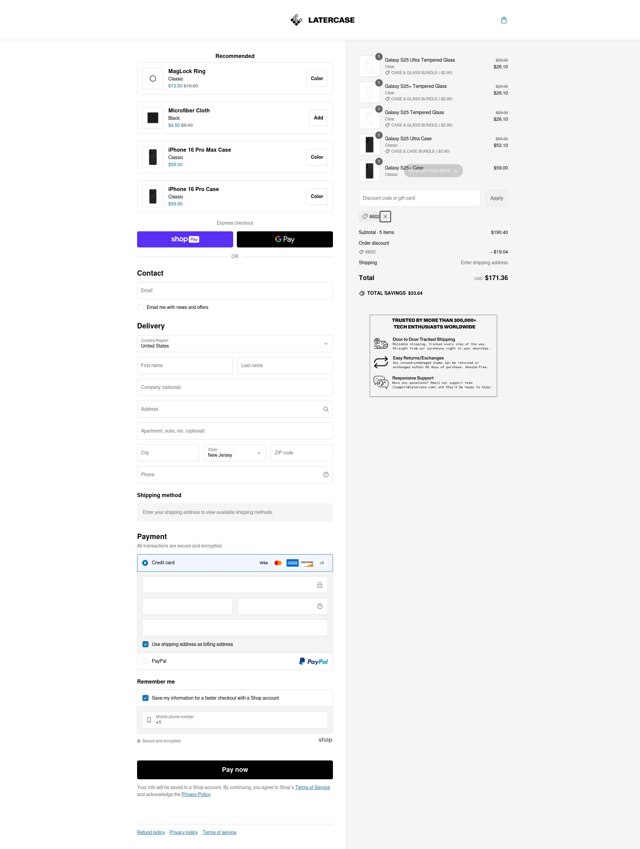 Latercase checkout page showing Latercase discount code box | Screenshot taken by SimplyCodes community member on Feb 9, 2025