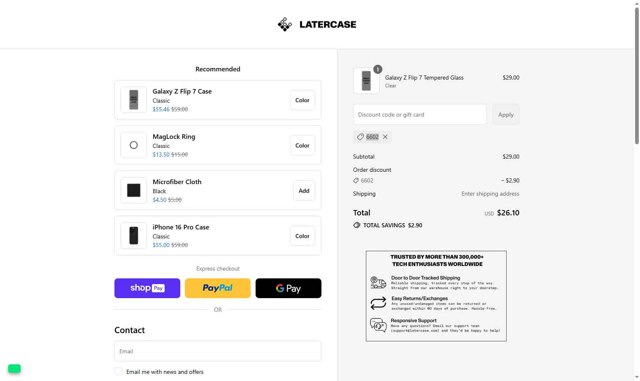 Latercase checkout page showing Latercase discount code box | Screenshot taken by SimplyCodes community member on Aug 13, 2025