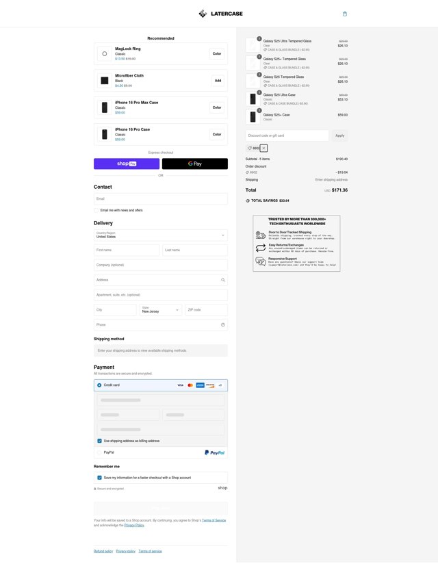 Latercase checkout page showing Latercase discount code box | Screenshot taken by SimplyCodes community member on Feb 13, 2025