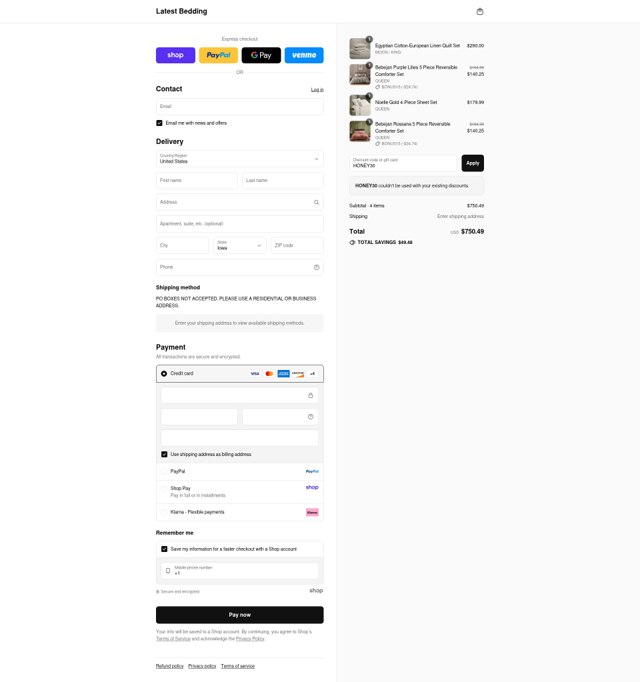 Latest Bedding checkout page showing Latest Bedding promo code box | Screenshot taken by SimplyCodes community member on Sep 2, 2025