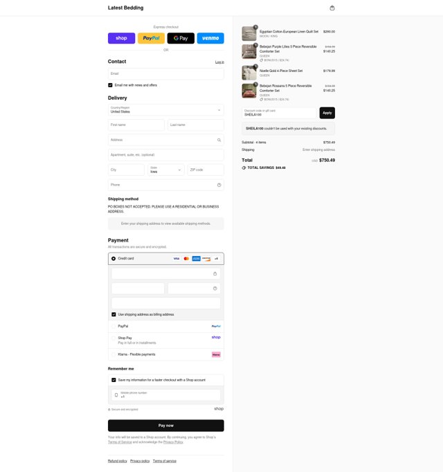 Latest Bedding checkout page showing Latest Bedding promo code box | Screenshot taken by SimplyCodes community member on Sep 2, 2025