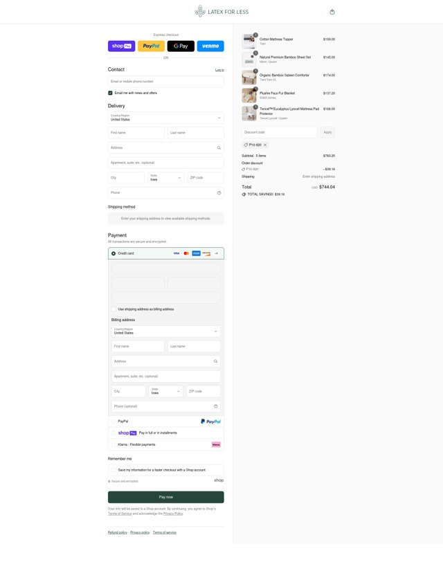 Latex For Less checkout page showing Latex For Less promo code box | Screenshot taken by SimplyCodes community member on Jul 25, 2025