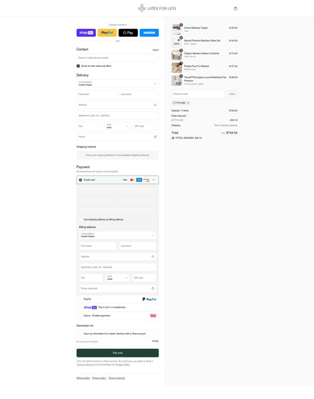 Latex For Less checkout page showing Latex For Less promo code box | Screenshot taken by SimplyCodes community member on Jul 21, 2025