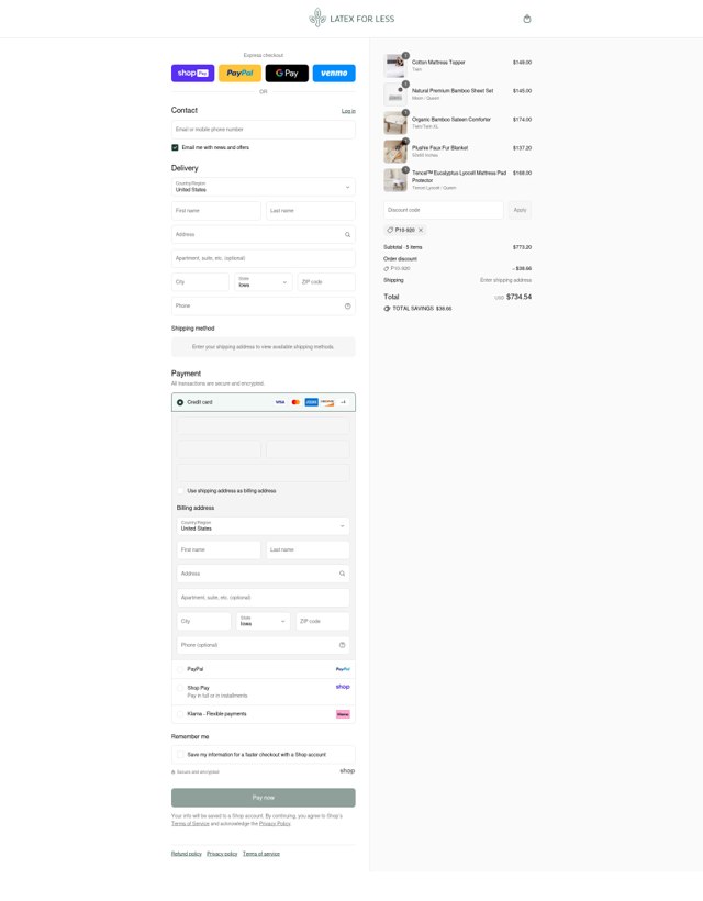 Latex For Less checkout page showing Latex For Less promo code box | Screenshot taken by SimplyCodes community member on Aug 24, 2025
