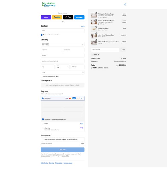 Latex Mattress Factory checkout page showing Latex Mattress Factory discount code box | Screenshot taken by SimplyCodes community member on Sep 3, 2025