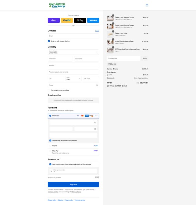 Latex Mattress Factory checkout page showing Latex Mattress Factory discount code box | Screenshot taken by SimplyCodes community member on Sep 3, 2025