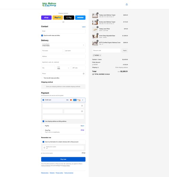 Latex Mattress Factory checkout page showing Latex Mattress Factory discount code box | Screenshot taken by SimplyCodes community member on Sep 3, 2025