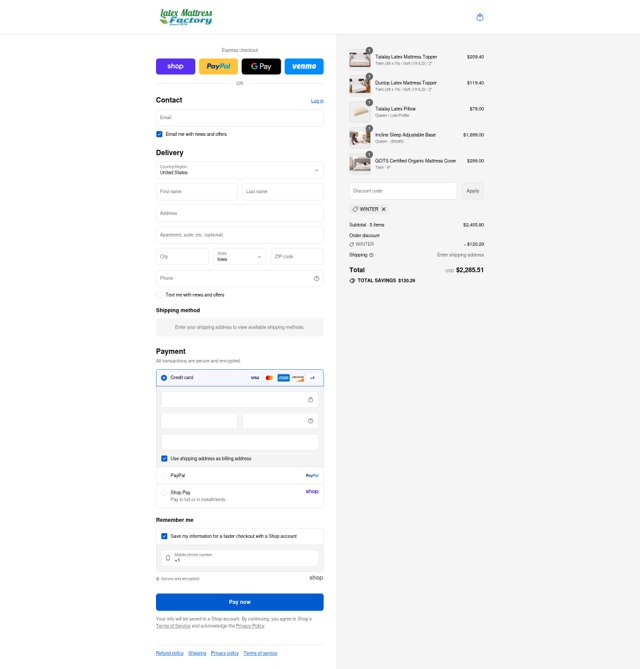Latex Mattress Factory checkout page showing Latex Mattress Factory discount code box | Screenshot taken by SimplyCodes community member on Sep 3, 2025