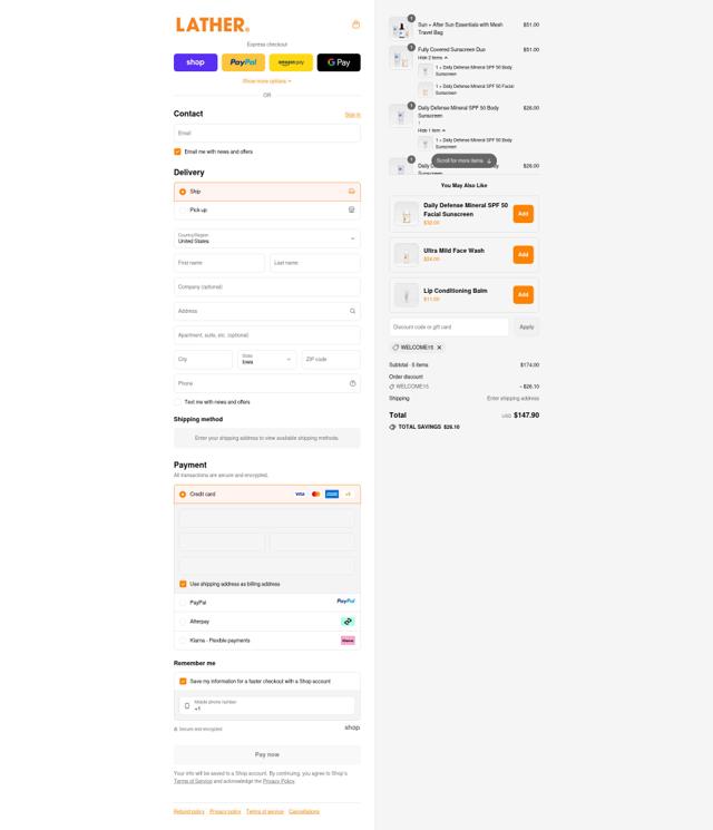 LATHER checkout page showing LATHER promo code box | Screenshot taken by SimplyCodes community member on Sep 15, 2025