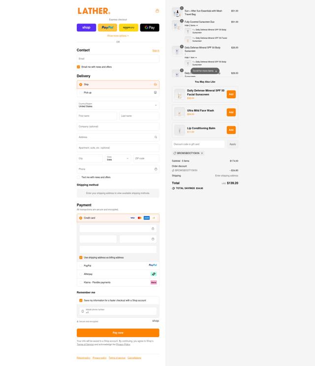 LATHER checkout page showing LATHER promo code box | Screenshot taken by SimplyCodes community member on Sep 15, 2025