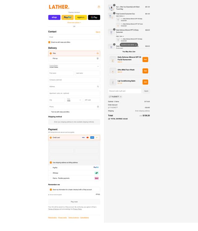LATHER checkout page showing LATHER promo code box | Screenshot taken by SimplyCodes community member on Sep 15, 2025