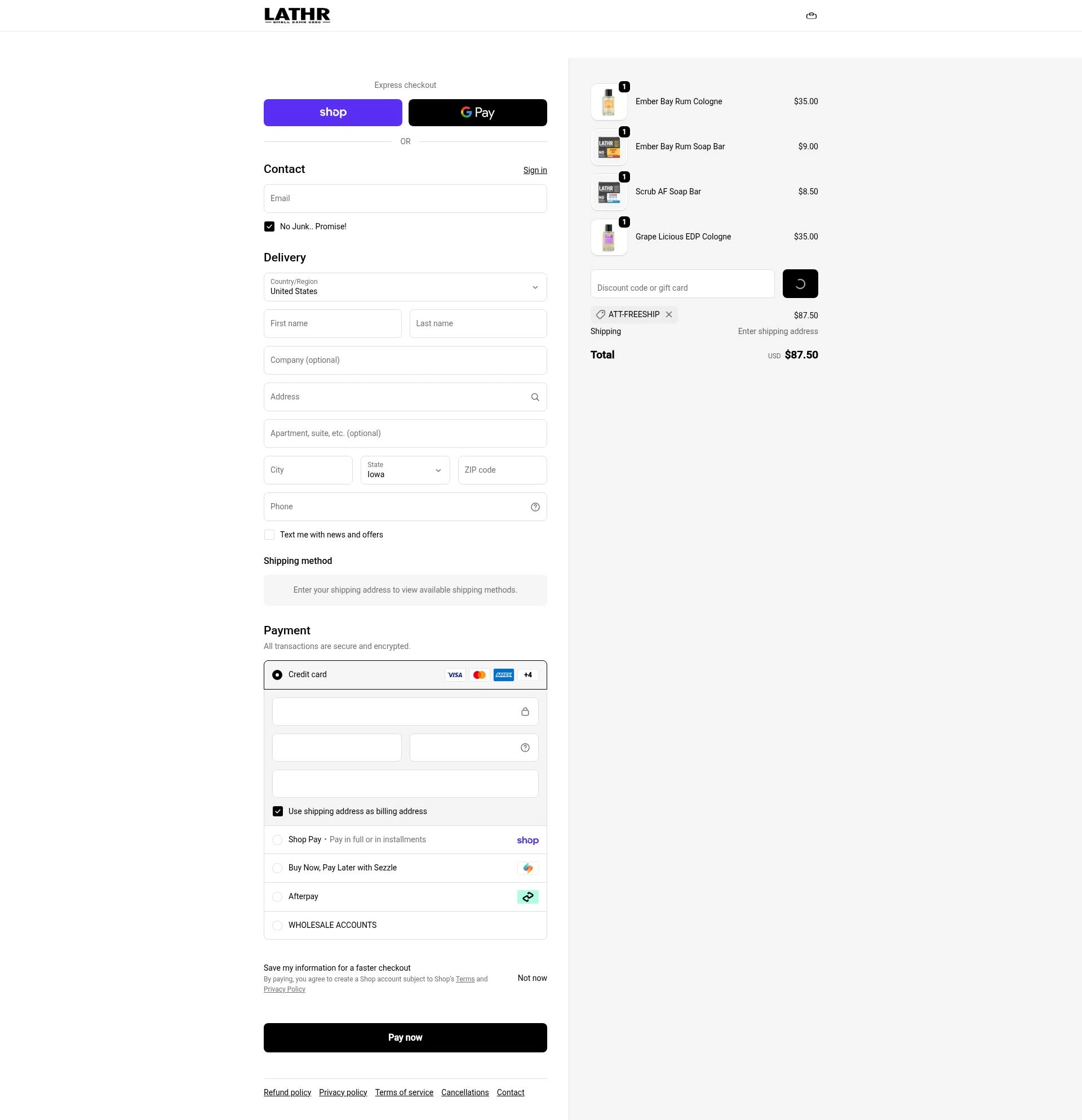 LATHR checkout page showing LATHR discount code box | Screenshot taken by SimplyCodes community member on Feb 18, 2026