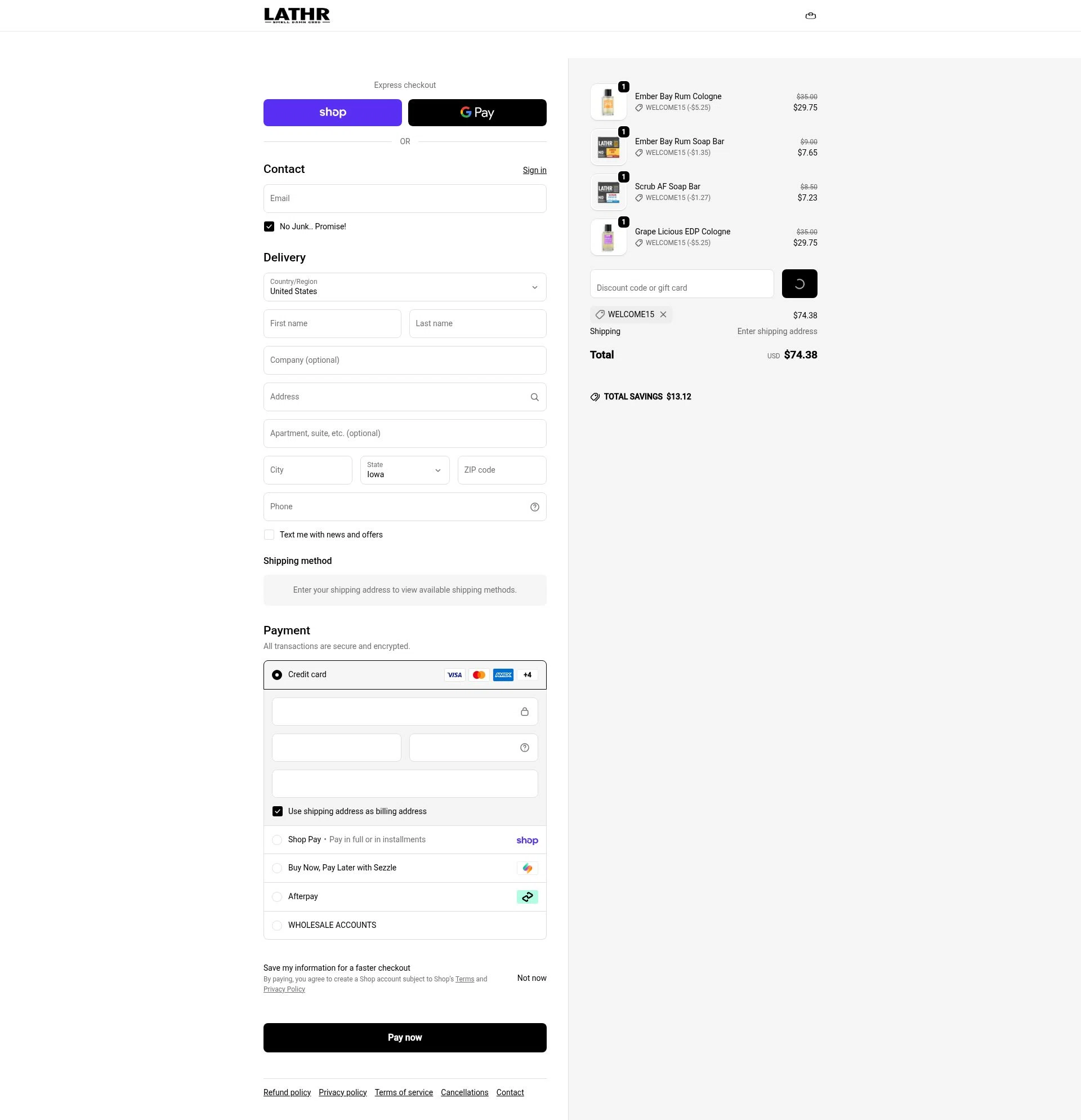 LATHR checkout page showing LATHR discount code box | Screenshot taken by SimplyCodes community member on Feb 18, 2026