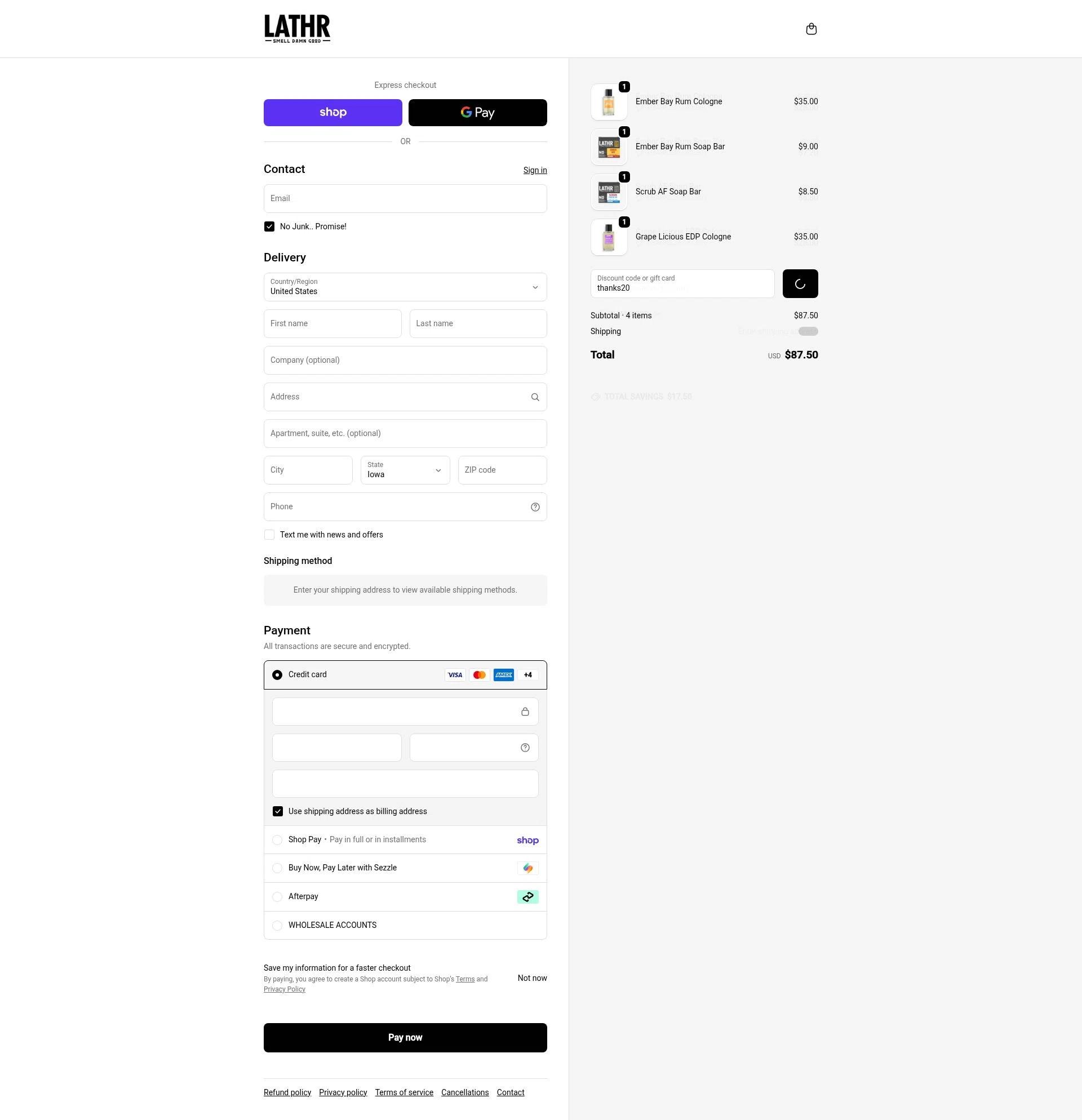 LATHR checkout page showing LATHR discount code box | Screenshot taken by SimplyCodes community member on Feb 18, 2026