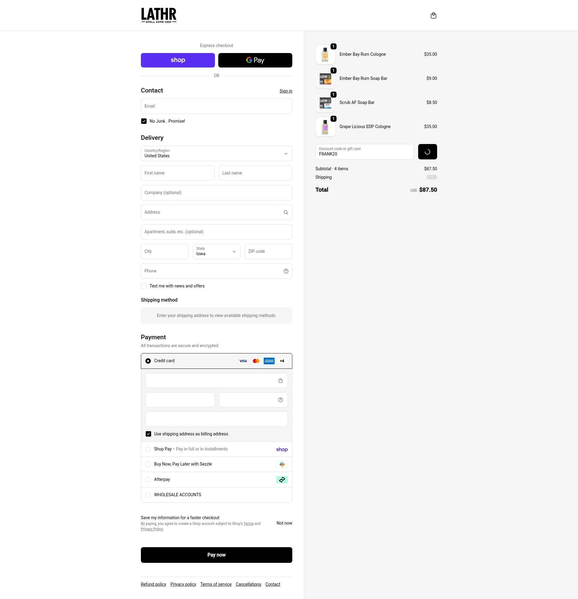 LATHR checkout page showing LATHR discount code box | Screenshot taken by SimplyCodes community member on Feb 18, 2026
