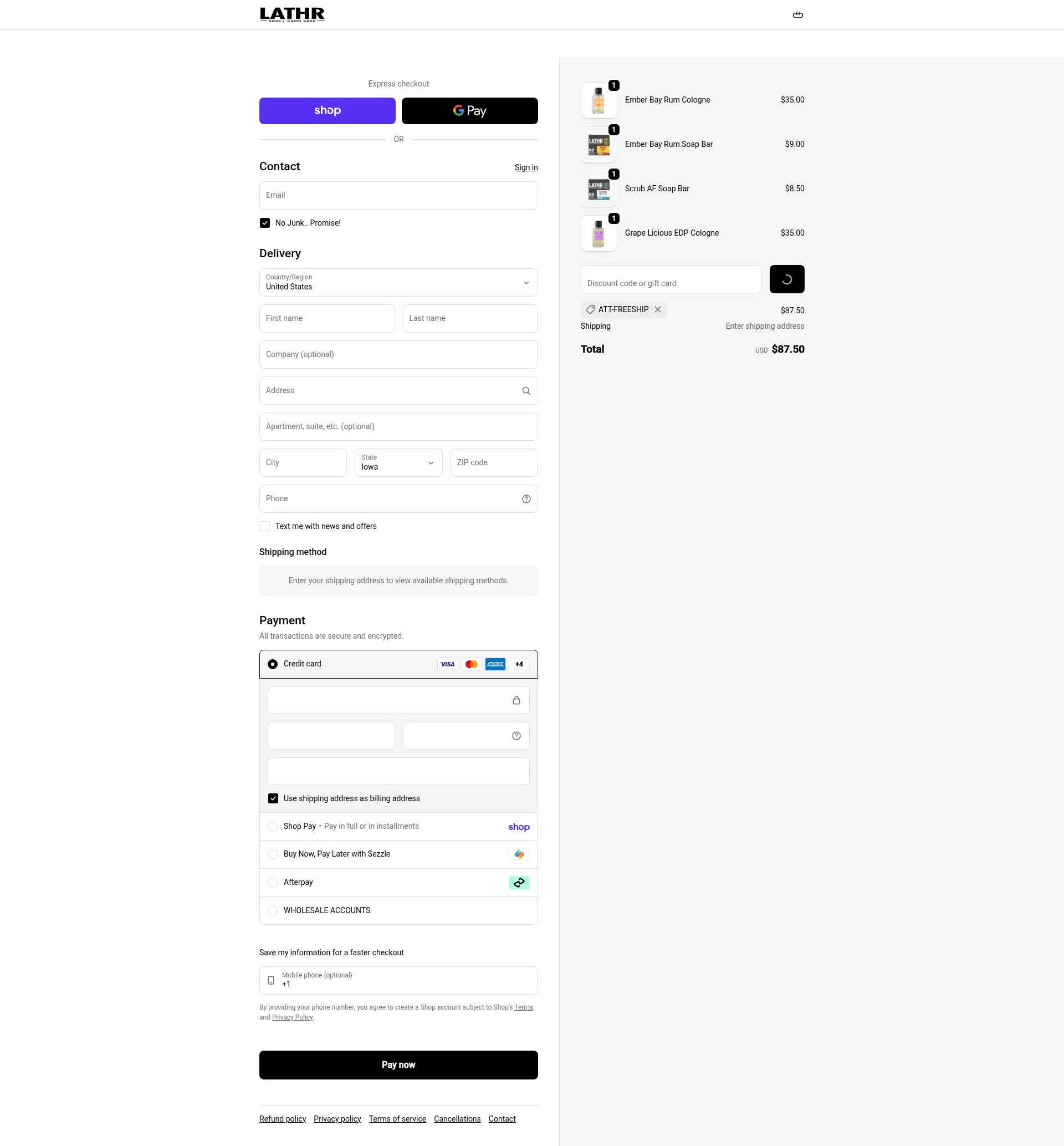 LATHR checkout page showing LATHR discount code box | Screenshot taken by SimplyCodes community member on Feb 14, 2026