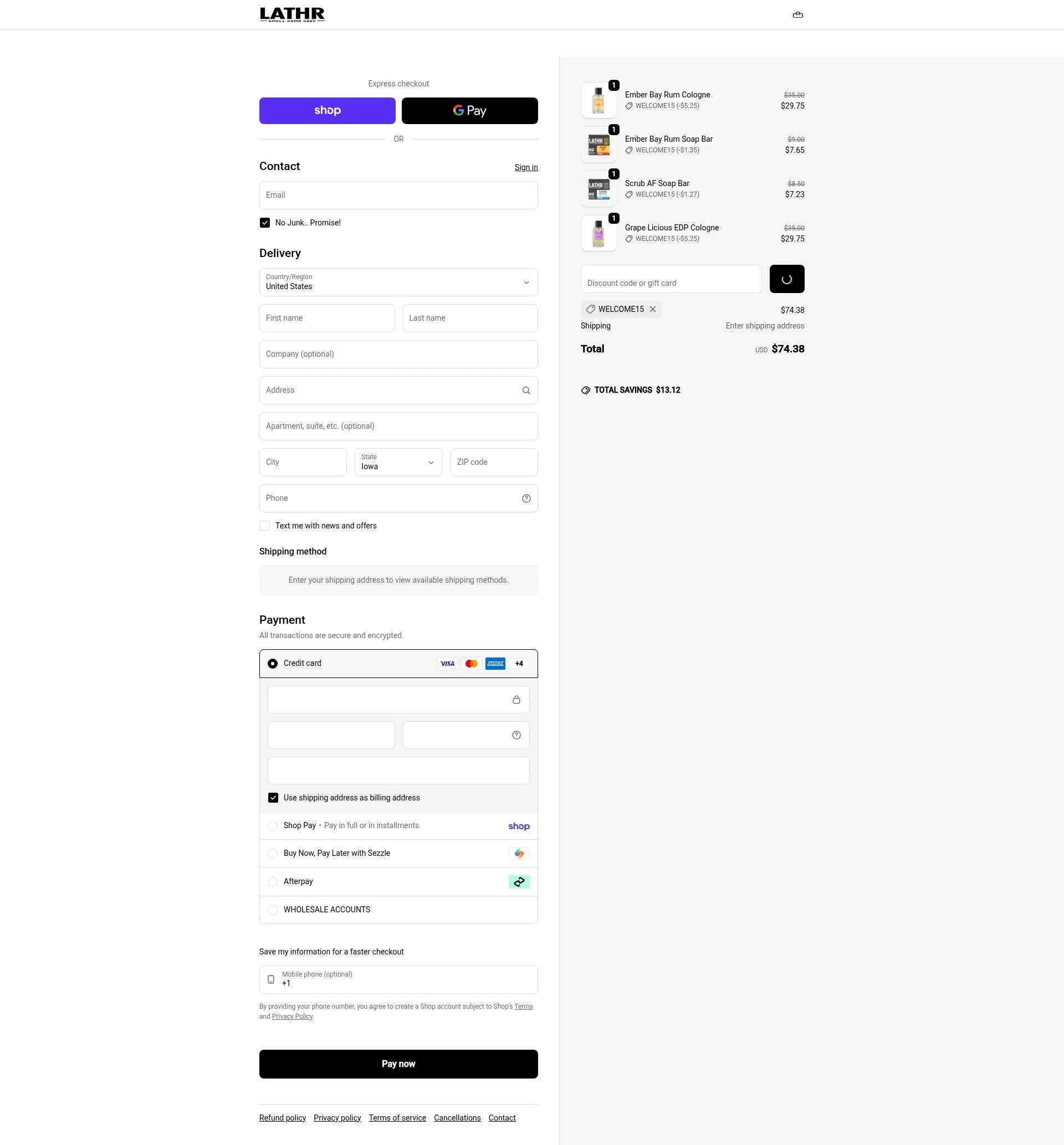 LATHR checkout page showing LATHR discount code box | Screenshot taken by SimplyCodes community member on Feb 14, 2026