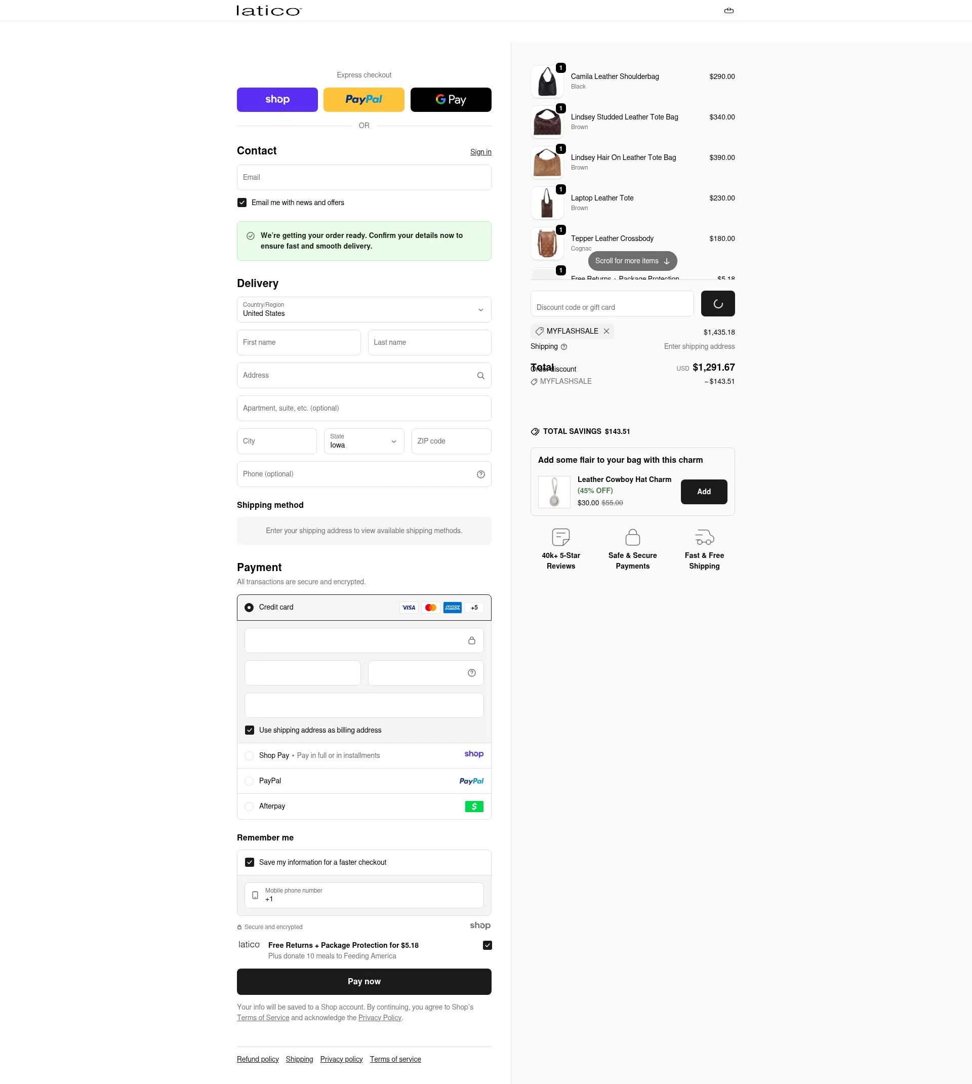 Latico Leathers checkout page showing Latico Leathers discount code box | Screenshot taken by SimplyCodes community member on Dec 29, 2025