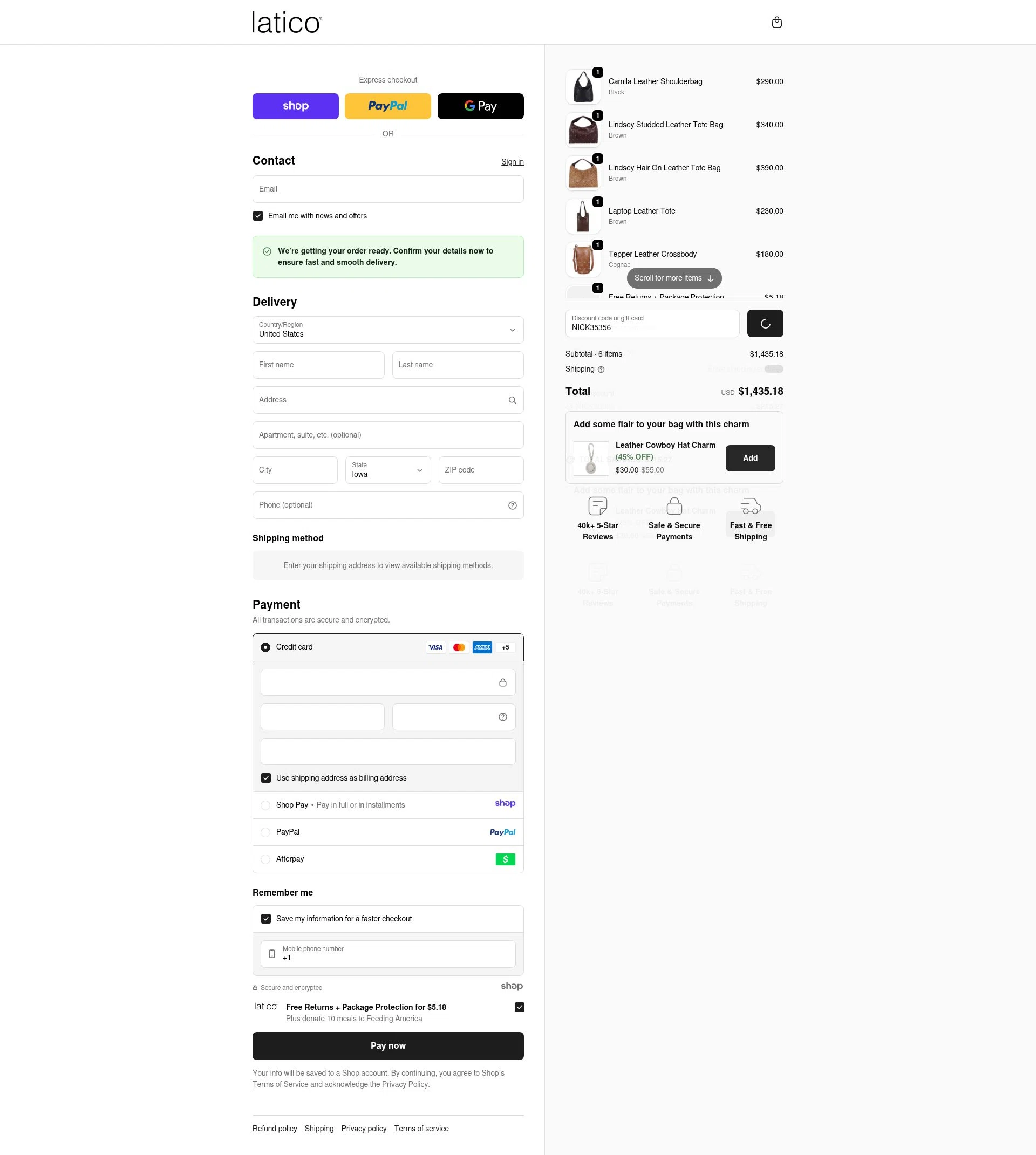 Latico Leathers checkout page showing Latico Leathers discount code box | Screenshot taken by SimplyCodes community member on Dec 29, 2025