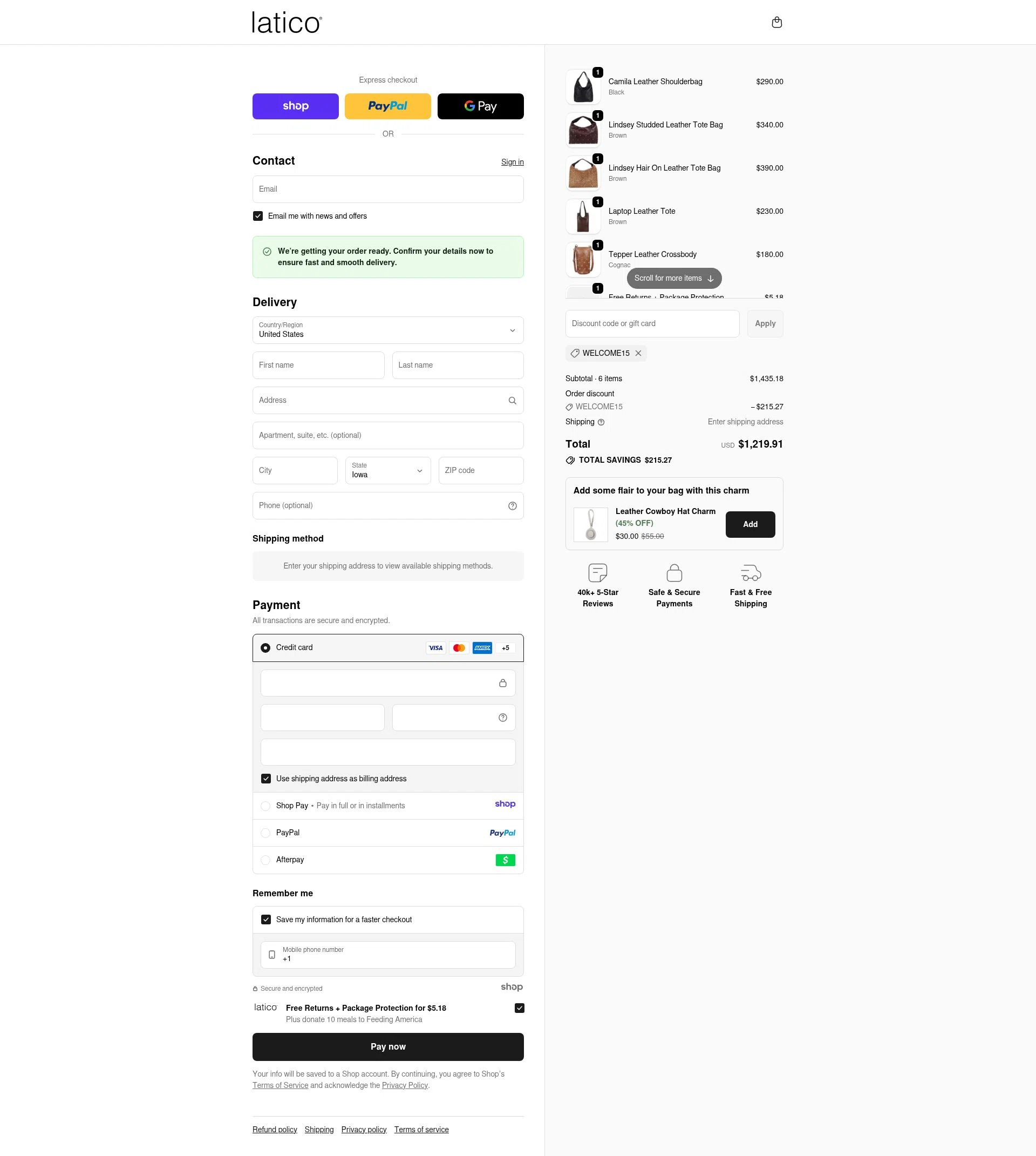 Latico Leathers checkout page showing Latico Leathers discount code box | Screenshot taken by SimplyCodes community member on Dec 29, 2025