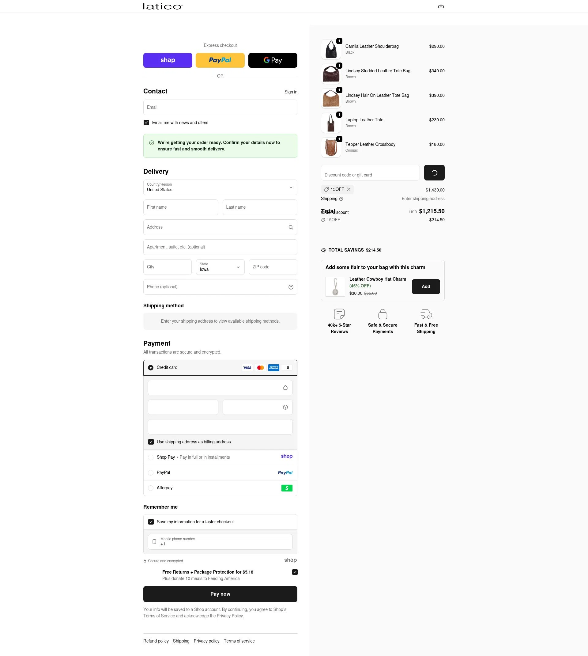 Latico Leathers checkout page showing Latico Leathers discount code box | Screenshot taken by SimplyCodes community member on Dec 29, 2025