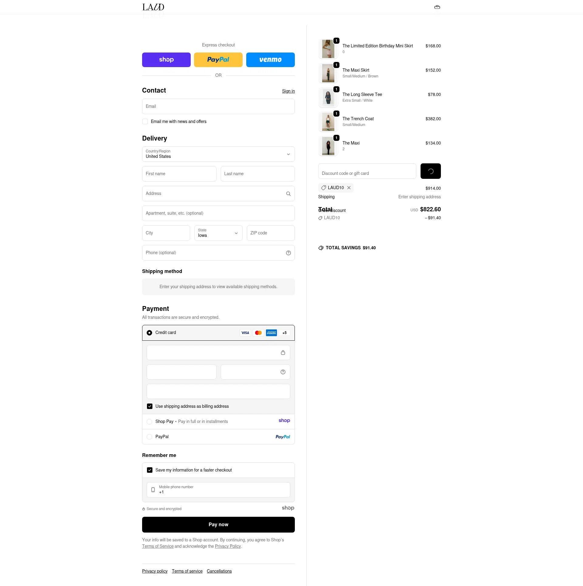 Laud Clothing checkout page showing Laud Clothing promo code box | Screenshot taken by SimplyCodes community member on Dec 28, 2025