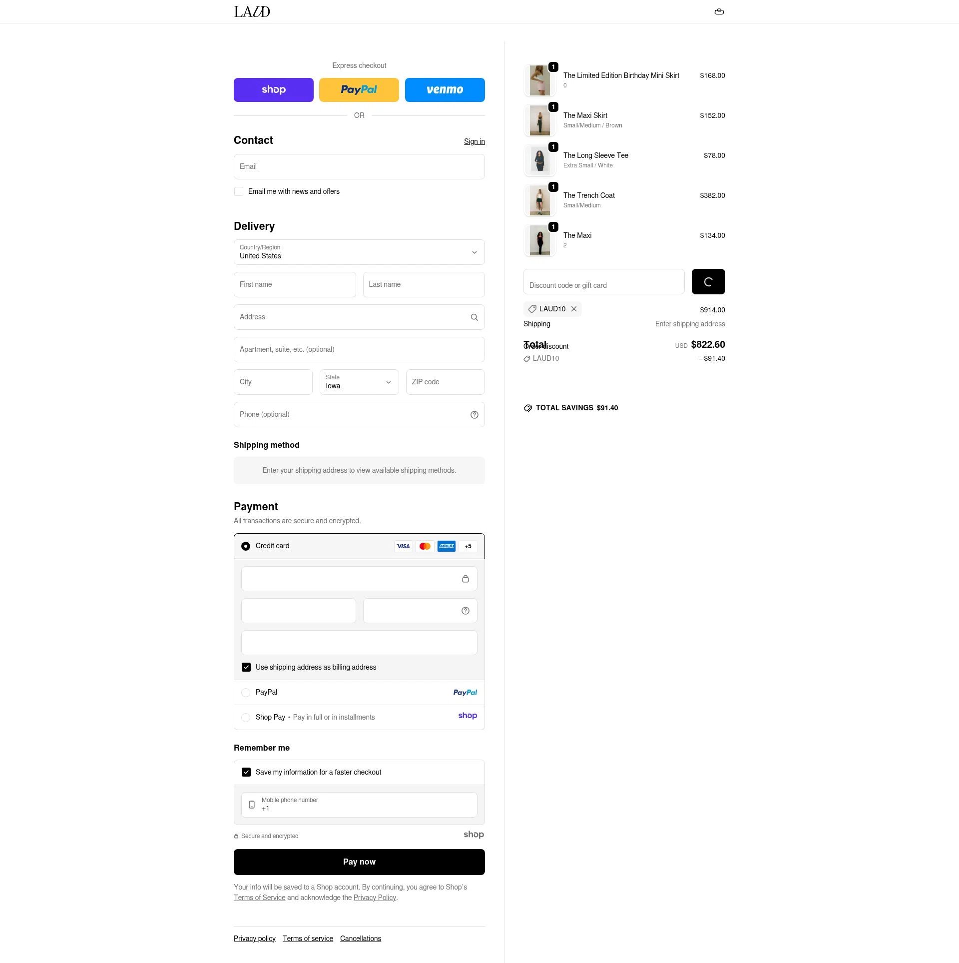 Laud Clothing checkout page showing Laud Clothing promo code box | Screenshot taken by SimplyCodes community member on Dec 16, 2025