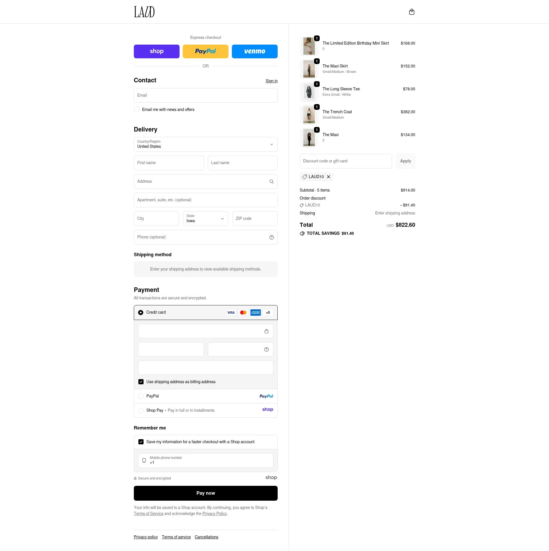Laud Clothing checkout page showing Laud Clothing promo code box | Screenshot taken by SimplyCodes community member on Nov 24, 2025
