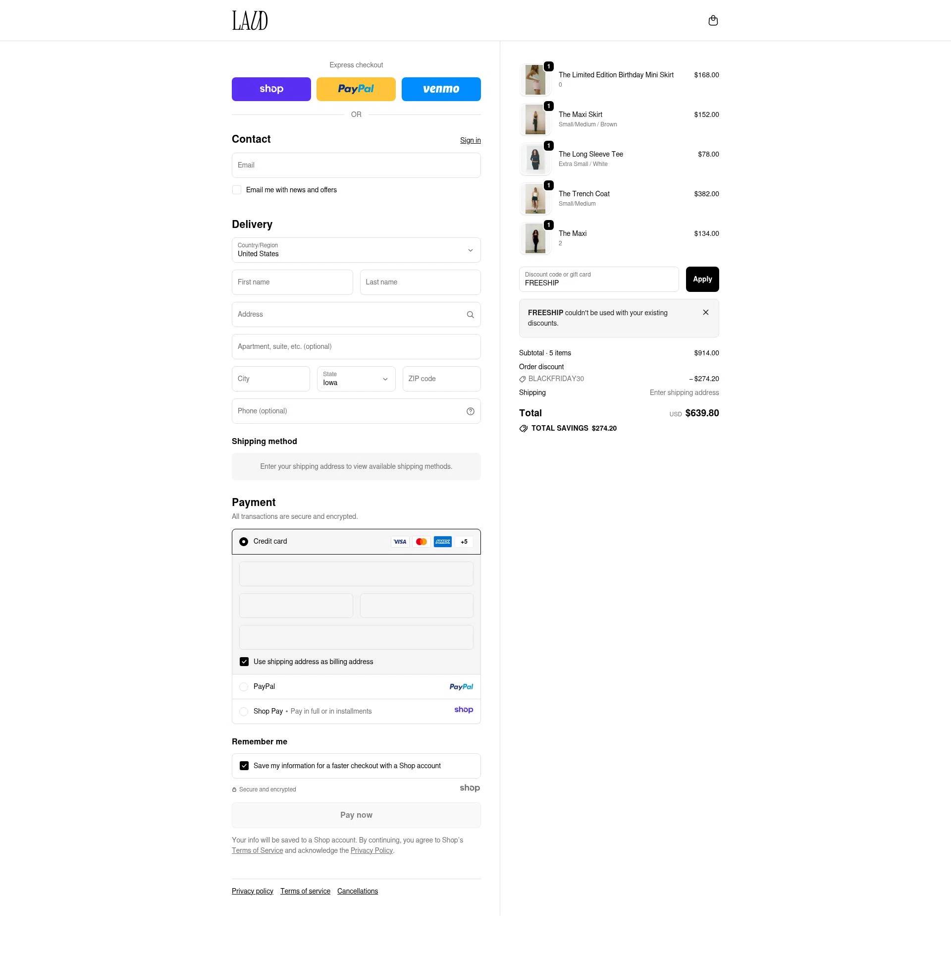 Laud Clothing checkout page showing Laud Clothing promo code box | Screenshot taken by SimplyCodes community member on Nov 29, 2025
